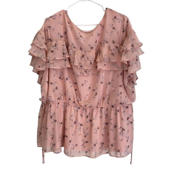 LANE BRYANT Blush Pink Floral Flutter Sleeve Ruffle Top, Size 24 - Picture 2 of 8